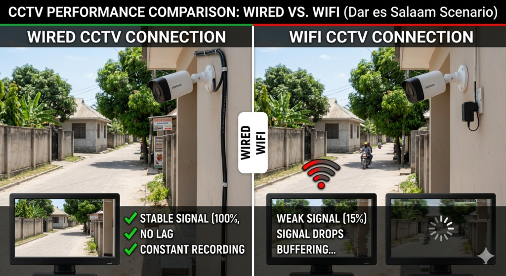 Comparison image showing stable wired connection vs weak WiFi signal