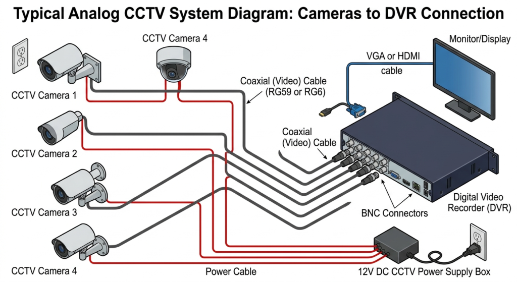 Diagram of CCTV system showing cameras connected to DVR via cables