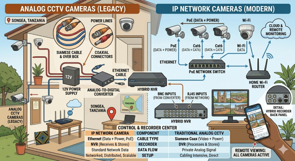 Example layout of hybrid CCTV + IP camera system in a home