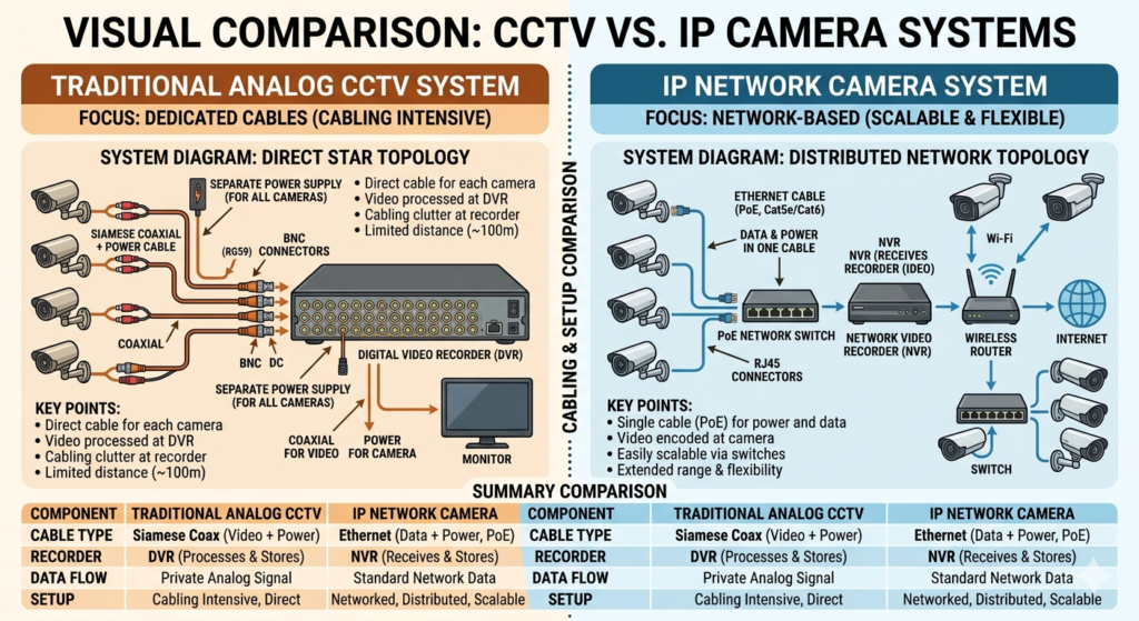 Side-by-side visual comparison of CCTV vs IP camera system (cables vs network setup)
